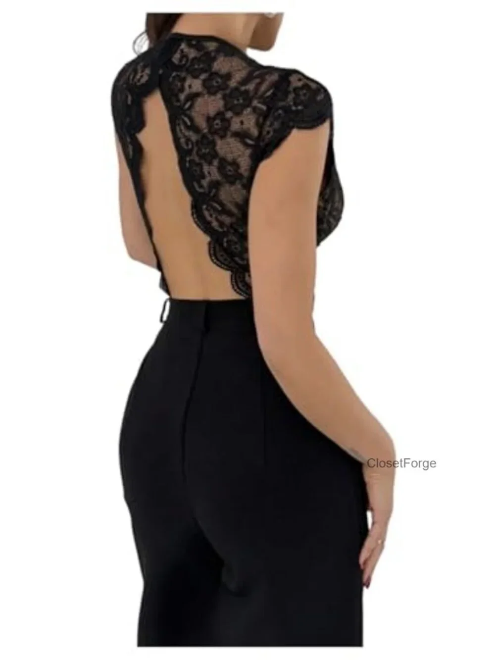 Lace Trim Backless Deep V Bodysuit Date Night Romper